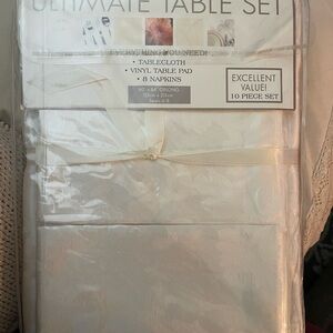 NWT Table Set - White Tablecloth (60x84”oblong), Vinyl Table Pad, 8 napkins